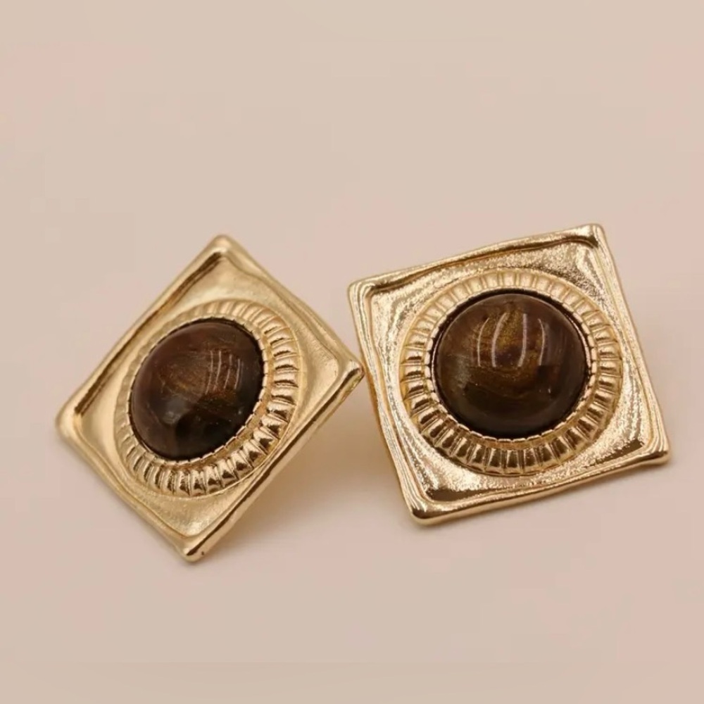 Gold and Brown Square Earrings